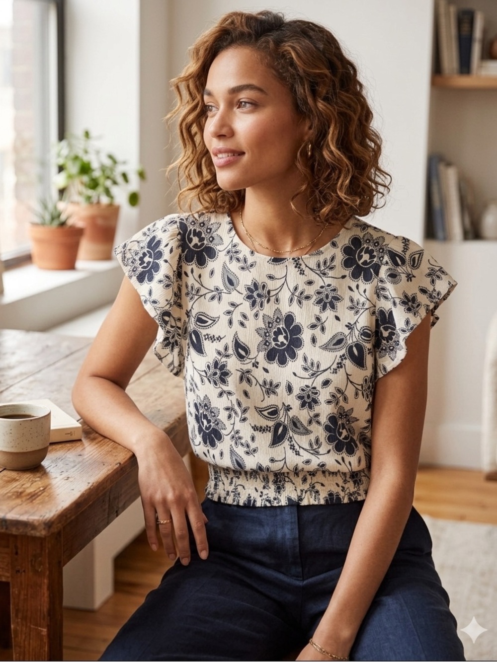 Ann Taylor Cream Black Floral Flutter Sleeve Blouse Smocked Hem Top 🌸 - Picture 2 of 7